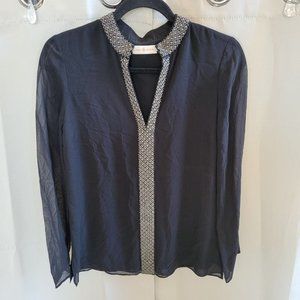 Tory Burch Womens Blouse Size 2 Black 100% Silk Chiffon Studded Sheer Top 16244x